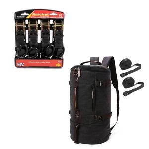 Set: Rucksack VG8 Hecktasche Vintage 35Ltr inkl. Spanngurte schwarz + Spanngurt Set mit Ratsche und Haken inkl 4x Zurrschlaufe in schwarz_1