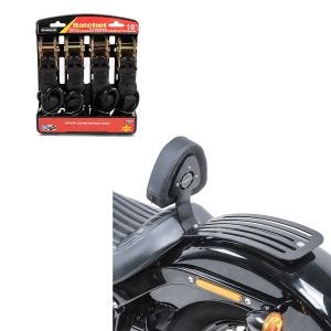 Set: Set Fahrer Rückenlehne für Harley Softail Street Bob 18-20 Sissybar + Spanngurt Set mit Ratsche und Haken inkl 4x Zurrschlaufe in schwarz_1