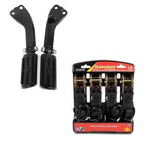 Set: Sozius Fussrasten Set mit Halter für Harley Dyna Street Bob 06-17 + Spanngurt Set mit Ratsche und Haken inkl 4x Zurrschlaufe in schwarz_1
