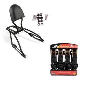 Set: Sissybar Harley Street 750 15-20 Fast Driver-S inkl. Gepäckträger + Spanngurt Set mit Ratsche und Haken inkl 4x Zurrschlaufe in schwarz_1