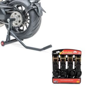 Set: Einarmständer KTM 1290 Super Duke / R 14-21 Montageständer Single + Spanngurt Set mit Ratsche und Haken inkl 4x Zurrschlaufe in schwarz_1