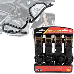 Set: Sturzbügel Set für BMW R 1250 GS 19-21 L2 oben und unten + Spanngurt Set mit Ratsche und Haken inkl 4x Zurrschlaufe in schwarz_1