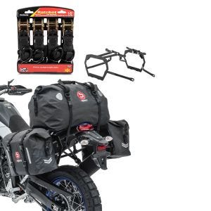 Sett: Sadelveskesett WP8 passer til Yamaha Tenere 700 19-24 med haleveske + stroppsett med skralle og krok inkludert 4x surringsløkker i sort