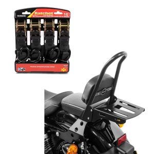 Set: Sissybar Harley Sportster 04-20 Fast Rider-L inkl. Gepäckträger + Spanngurt Set mit Ratsche und Haken inkl 4x Zurrschlaufe in schwarz_1