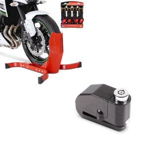 Sett: Easy Plus rød - motorsykkelvippe inkludert 4-dobbelt strammebeltesett + bremseskivelåsalarm 110dB BS-Motoparts tyverisikring svart