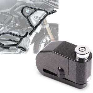 Sett: Krockbøylesett egnet for BMW R 1250 GS 19-23 topp og bunn XL8 crashbar + bremseskivelåsalarm 110dB BS-Motoparts tyverisikring svart