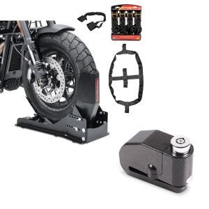 Sett: Sett SW15 motorsykkel rocker Easy Vario Fix og fikseringsstropper sett svart + bremseskivelås alarm 110dB BS-Motoparts tyveribeskyttelse svart