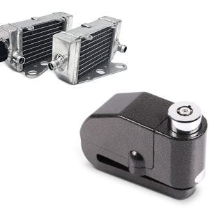 Sett: Kjølerediator egnet for KTM SX 50 12-22 høyre venstre (par) + bremseskivelås alarm 110dB BS-Motoparts tyverisikring svart