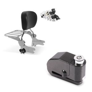 Set: Sissy Bar + Gepäckträger + Docking-Kit für Harley Road King 97-08 + Bremsscheibenschloss Alarm 120dB BS-Motoparts Diebstahlschutz schwarz_1