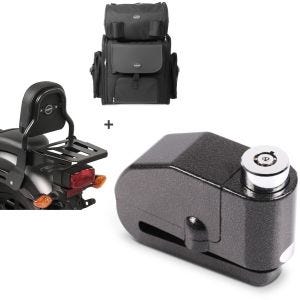 Set: Sissybar XS3 + Hecktasche für Honda Rebel 500 17-21 mit Gepäckträger + Bremsscheibenschloss Alarm 120dB BS-Motoparts Diebstahlschutz schwarz_1