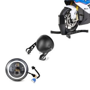 Set: LED Scheinwerfer Set 7 Zoll für Universal Hauptscheinwerfer C12 + Motorradwippe Easy Plus Vorderradwippe Motorradständer bis 21" schwarz_1