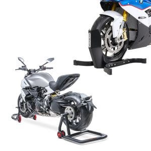 Sett: Enkeltarms monteringsstativ bak foran egnet for Ducati Hypermotard 950/SP 19-24 + motorsykkel rocker Easy Plus fronthjul rocker motorsykkel stativ opp til 21" svart