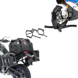 Sett: Sadelveskesett WP8 passer for Yamaha Tenere 700 19-24 med halebag + motorsykkelrocker Easy Plus forhjulsrocker motorsykkelstativ opp til 21" svart