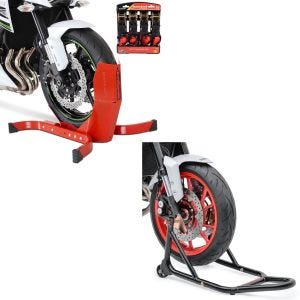 Set: Easy Plus rot - Motorradwippe inklusive 4-fach Spanngurt-Set + Montageständer Vorderrad mit gummierten Aufnahmen Motorradheber vorne_1