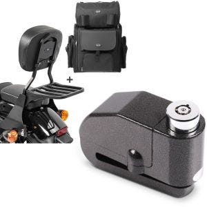 Set: Sissybar SB1 + Hecktasche für Harley Sportster 883 Iron 09-20 + Bremsscheibenschloss Alarm 120dB BS-Motoparts Diebstahlschutz schwarz_1