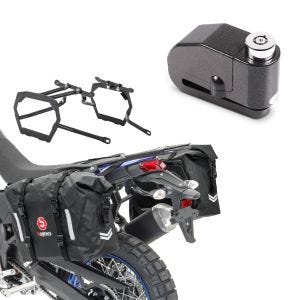 Sett: Sadelveskesett WP8 passer til Yamaha Tenere 700 19-24 med bagasjeholder + bremseskivelåsalarm 110dB BS-Motoparts tyverisikring svart