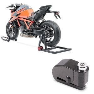 Sett: Enarms reparasjonsstativ egnet for KTM 1290 Super Duke / R 14-23 bak foran + bremseskivelås alarm 110dB BS-Motoparts tyveribeskyttelse svart