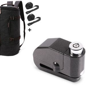 Set: Rucksack VG8 Hecktasche Vintage 35Ltr inkl. Spanngurte schwarz + Bremsscheibenschloss Alarm 120dB BS-Motoparts Diebstahlschutz schwarz_1