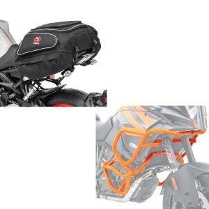 Sett: Crash bar sett egnet for KTM 1290 Super Adventure R / S / T 17-20 oransje + hale bag X50 bagasje bagasje bag 50 liter i sort
