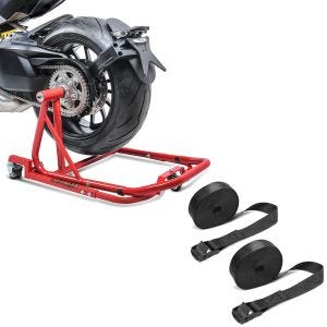 Sett: manøvreringshjelp egnet for Ducati Diavel / S 11-22 reparasjonsstativ Single Mover rød + spennstropp sett surrestropper 150cm 2 stk i svart