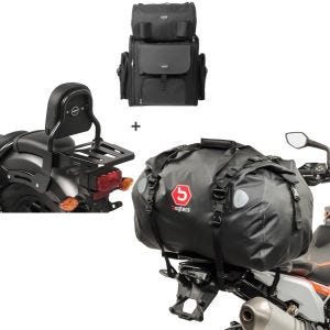 Sett: Sissybar XS3 + halebag egnet for Honda Rebel 500 CMX 17-24 med bagasjehylle + halebag Drybag XF60 vanntett volum 60l