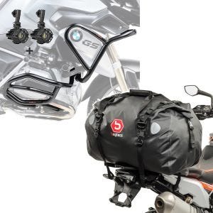 Sett: sett med kollisjonsbøyler øverst og nederst + frontlykt XL4 egnet for BMW R 1200 GS 13-16 + bakbag Drybag XF60 vanntett volum 60l