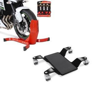 Set: Easy Plus rot - Motorradwippe inklusive 4-fach Spanngurt-Set + Rangierhilfe für Hauptständer Easy Mover II bis 320kg in schwarz_1