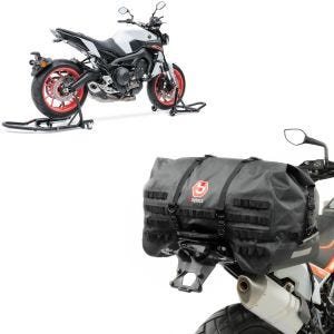 Sett: Reparasjonsstativ sett MV2 motorsykkelstativ foran og bak manøvreringshjelp + halebag SX70 70L vanntett i svart