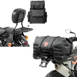 Sett: Sissy bar SB1 + halebag egnet for choppers / custom sykler 883 Iron 09-20 avtagbar med bagasjehylle Craftride svart + motorsykkel halebag Bagtecs SX70 70Ltr vanntett i svart