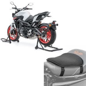 Sett: Reparasjonsstativ foran bak ST4 motorsykkelstativ svart + gel setepute M universal komfortpute svart