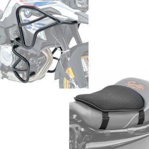 Sett: Crash bar XL sett egnet for BMW F 850 GS / F 750 GS 18-23 topp bunn + gel setepute M universal komfort pute svart