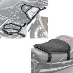 Sett: Crash bar sett egnet for BMW R 1250 GS 19-23 topp og bunn XL8 crash bar + gel setepute M universal komfort pute svart