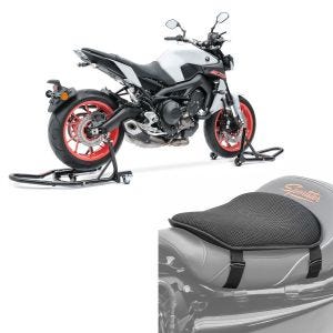 Set: Montageständer Set MV2 Motorradständer vorne und hinten Rangierhilfe + Gel Sitzkissen M Universal Komfortkissen schwarz_1