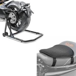 Sett: Enarmsstativ egnet for Triumph Speed Triple / R 97-20 reparasjonsstativ + gel setepute M universal komfortpute svart