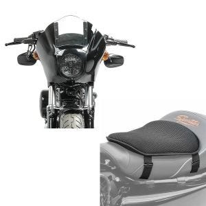 Sett: lampemaske MG8 egnet for Dyna Street Bob 06-17 lampekåpe + gel setepute M universal komfortpute svart