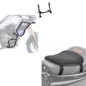 Sett: Crash bar hovedstativ med ABE sett egnet for Yamaha Tenere 700 19-24 topp bunn + gel setepute M universal komfort pute svart