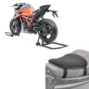 Sett: Enarms reparasjonsstativ sett egnet for BMW R NineT 14-21 bak foran CLS + gel setepute M universal komfortpute svart