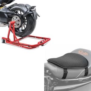 Sett: manøvreringshjelp egnet for Ducati Diavel / S 11-20 reparasjonsstativ Single Mover rød + gel setepute M universal komfortpute svart