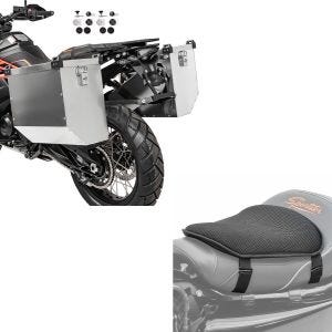 Sett: aluminiumskoffertsett egnet for Honda Transalp XL 600/ 650/ 700 V Atlas 36-41 + gel setepute M universal komfortpute svart