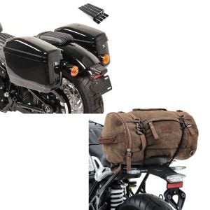 Set: Seitenkoffer Set Nevada für Chopper je 20Ltr inkl. Haltesatz + Hecktasche Vintage 35L Canvas Rucksack Gepäckrolle braun_1