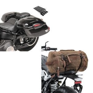 Set: Seitenkoffer Set Delaware je 33Ltr rechts und links inkl. Haltesatz + Hecktasche Vintage 35L Canvas Rucksack Gepäckrolle braun_1