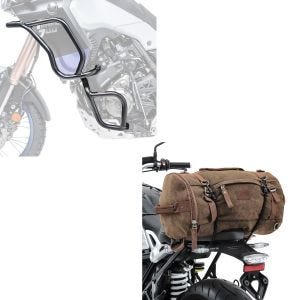 Set: Sturzbügel Set für Yamaha Tenere 700 19-21 oben und unten Schutzbügel + Hecktasche Vintage 35L Canvas Rucksack Gepäckrolle braun_1