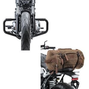 Set: Sturzbügel Mustache II für Harley Softail 18-21 in schwarz + Hecktasche Vintage 35L Canvas Rucksack Gepäckrolle braun_1