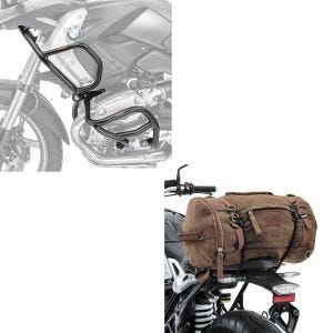 Sett: Crash bar sett L2 passer for BMW R 1200 GS 08-12 topp og bunn crash bar + tail bag vintage 35L canvas ryggsekk bagasje rulle brun