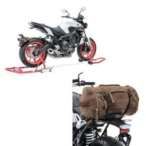 Set: Montageständer Set MR1 Motorradständer vorne und hinten Rangierhilfe + Hecktasche Vintage 35L Canvas Rucksack Gepäckrolle braun_1