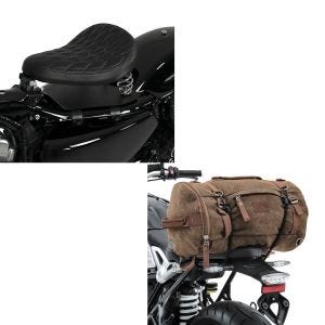 Set: Solo Federsattel mit Grundplatte SG11 schwarz + Hecktasche Vintage 35L Canvas Rucksack Gepäckrolle braun_1
