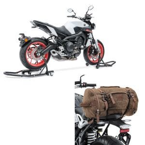 Set: Montageständer Set MV2 Motorradständer vorne und hinten Rangierhilfe + Hecktasche Vintage 35L Canvas Rucksack Gepäckrolle braun_1
