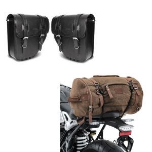 Set: Satteltaschen Texas je 10Ltr Paar rechts und links in schwarz + Hecktasche Vintage 35L Canvas Rucksack Gepäckrolle braun_1