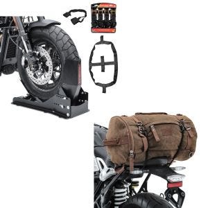  Sett: Sett SW15 motorsykkel rocker Easy Vario Fix og feste stropper sett svart + hale bag vintage 25L canvas ryggsekk bagasje rulle brun