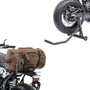 Set: Einarmständer BMW R NineT 14-20 Montageständer Single-Racing matt + Hecktasche Vintage 35L Canvas Rucksack Gepäckrolle braun_1